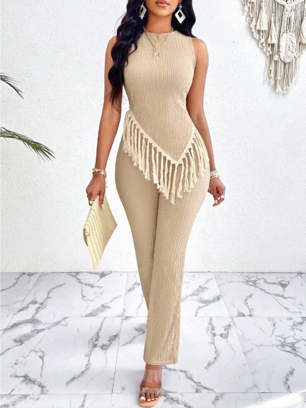 Sleeveless Beige Fringe Jumpsuit